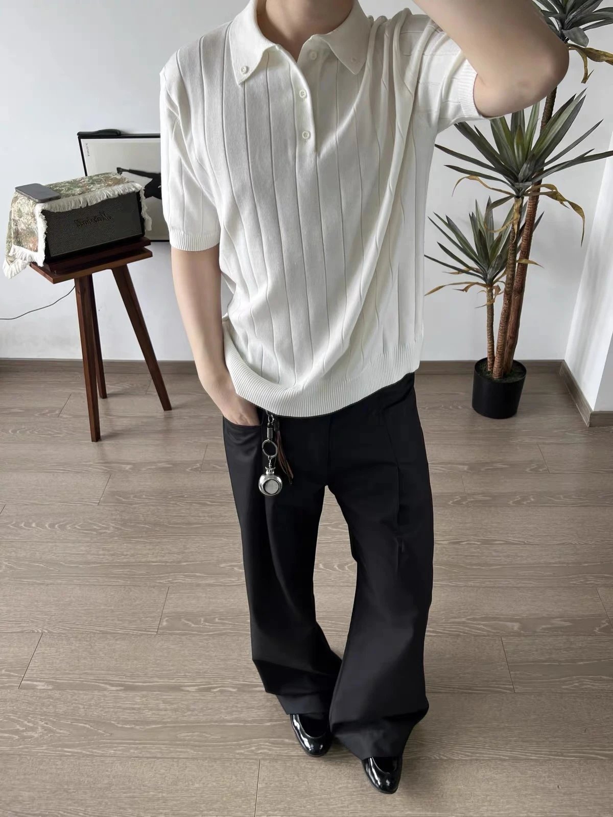 Design Ribbed Knit Polo Black Tops.polo - 13