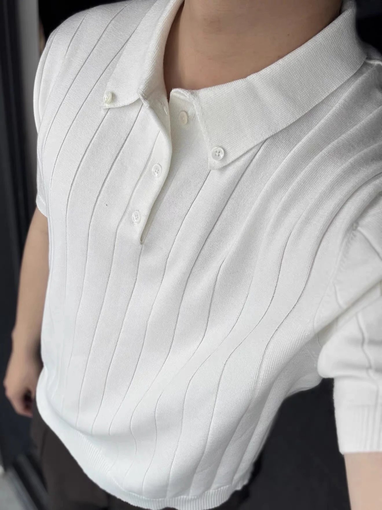 Design Ribbed Knit Polo Black Tops.polo - 14