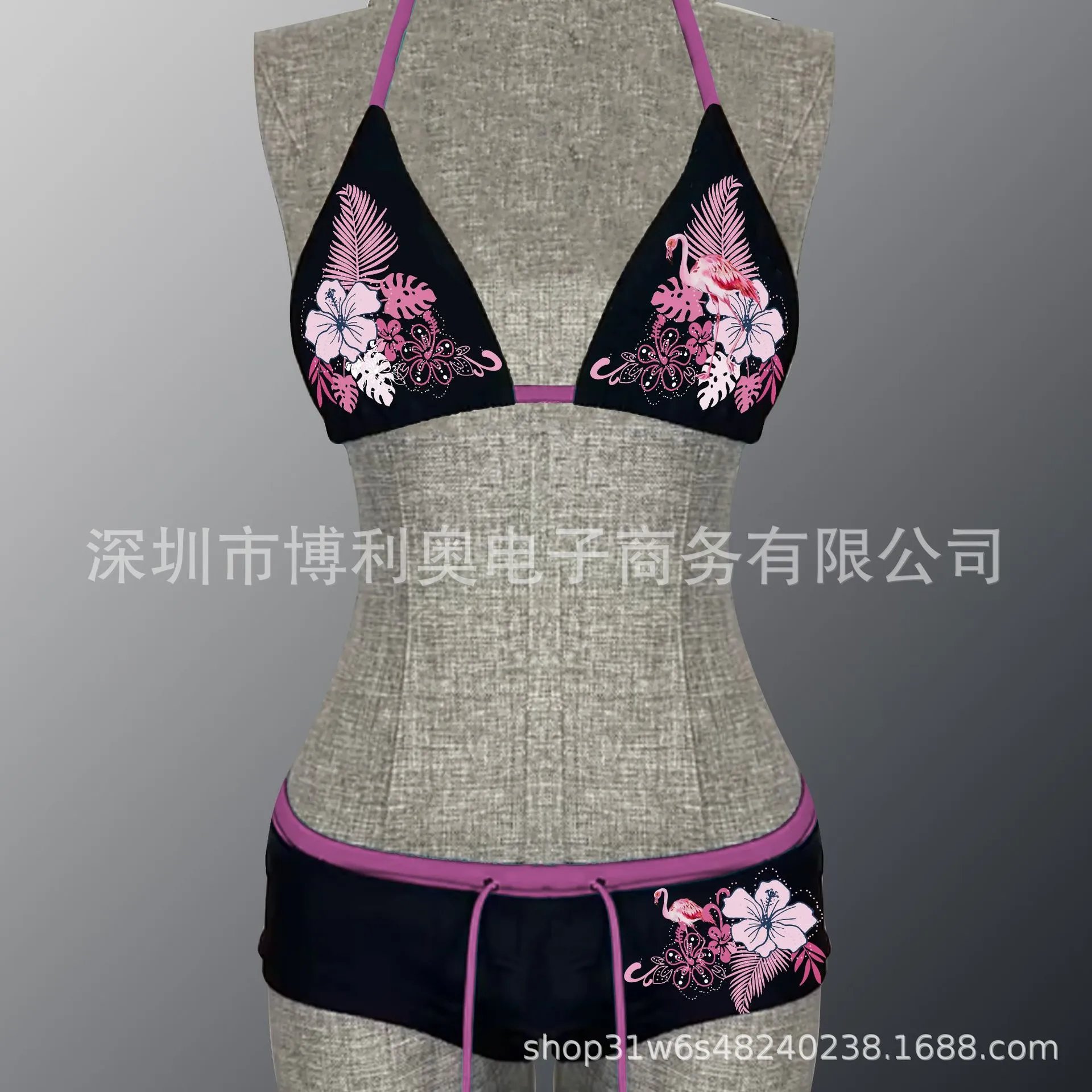 Design Tropical Flamingo Print Triangle Bikini Set Turquoise Swimwear - 6