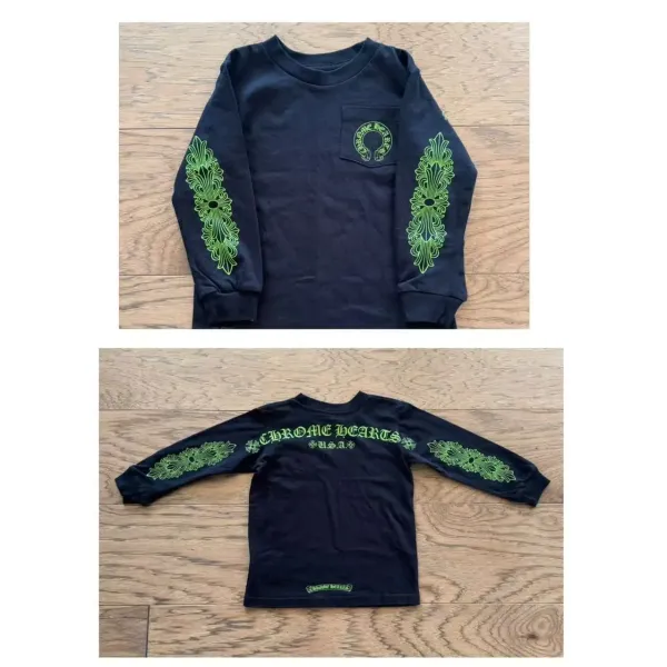 Chrome Hearts Long Sleeve T-Shirt Black with Neon Green Baroque Print - 1