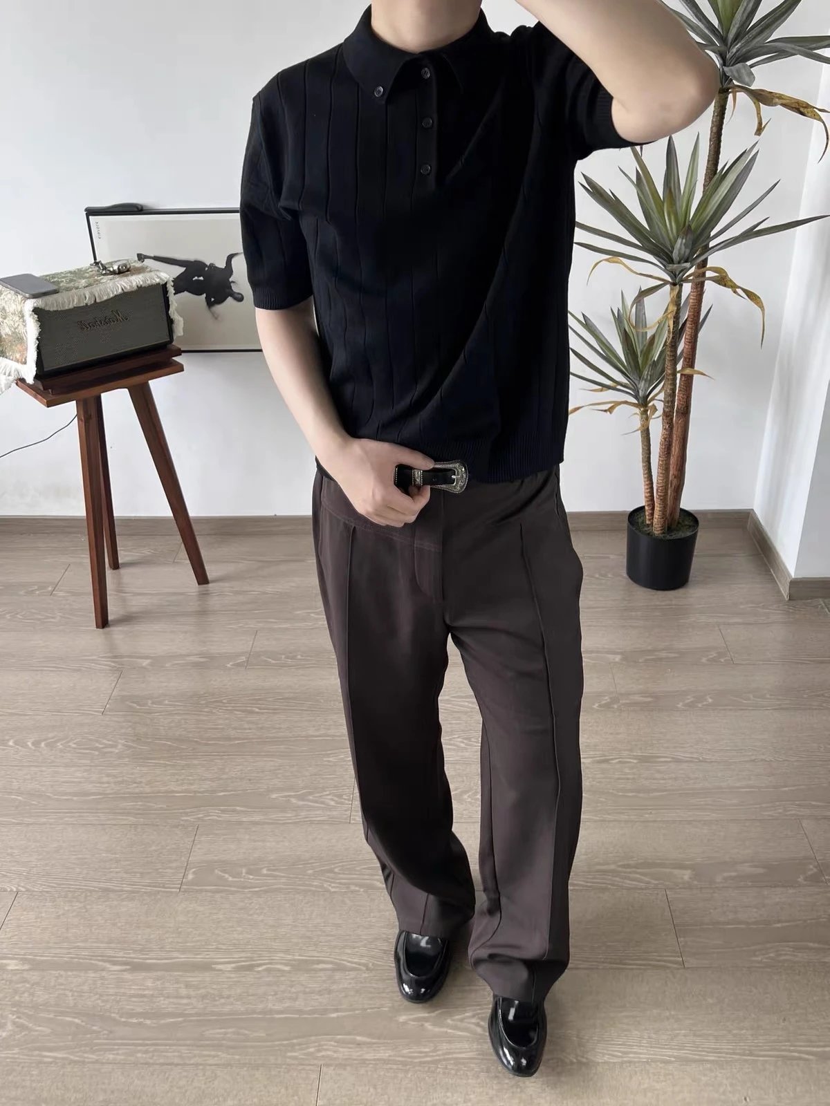 Design Ribbed Knit Polo Black Tops.polo - 10