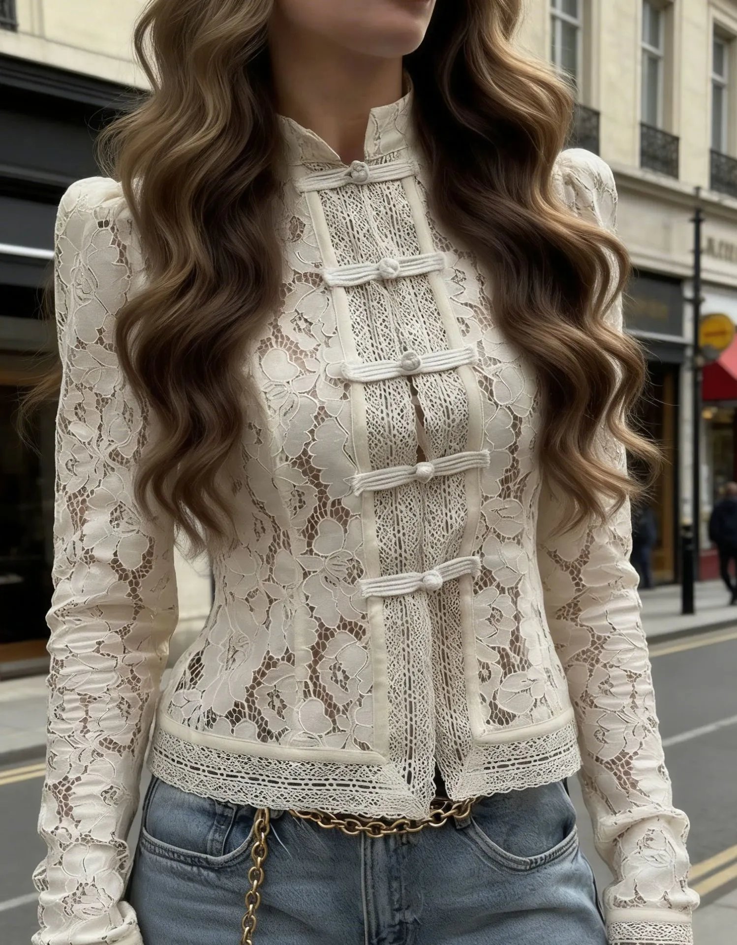 Design Black Lace Mandarin Collar Blouse with Puff Sleeves and Frog Buttons Tops - 6