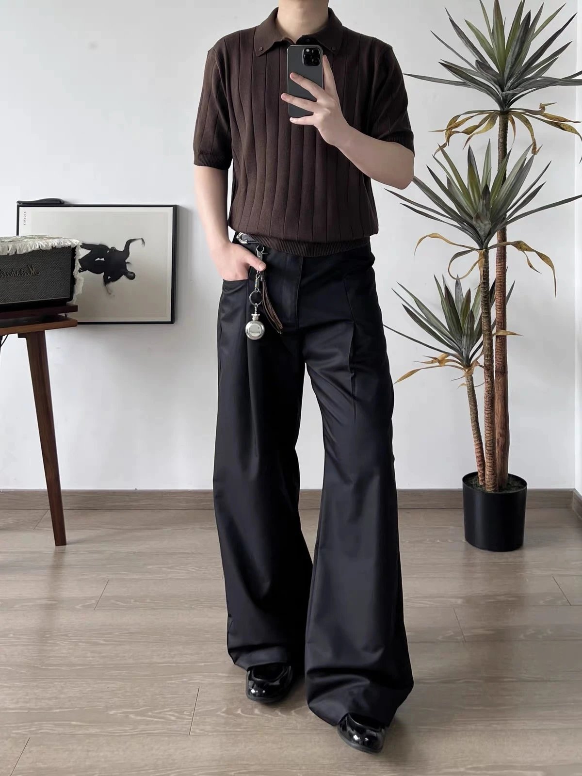 Design Ribbed Knit Polo Black Tops.polo - 6