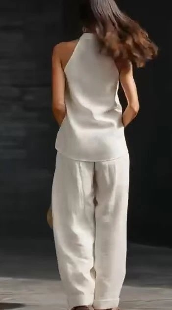 Design Linen V-Neck Sleeveless Top and Wide-Leg Pants Set in Lime Green - 10