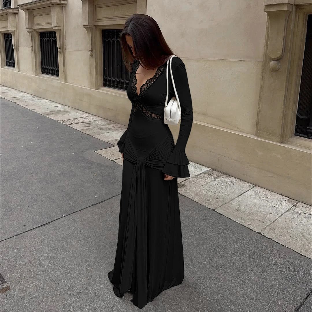 Design Black Lace-Trimmed Ruched Maxi Dress - 1