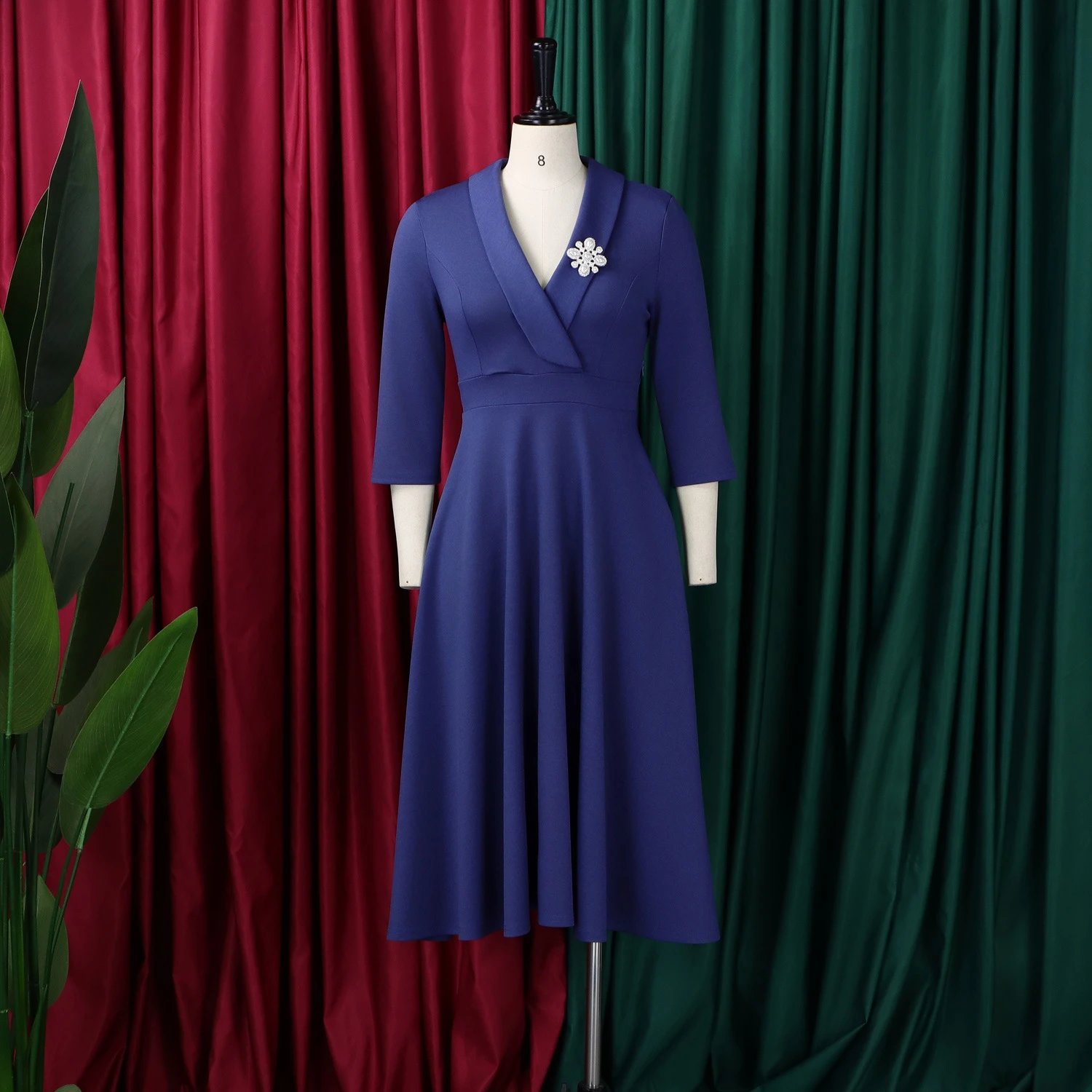 Design Wrap Front Midi Dress with Pearl Brooch in Navy - 6