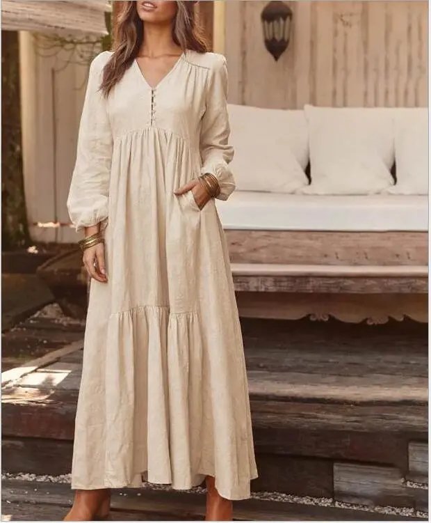 Design Long Sleeve V-Neck Tiered Maxi Dress Black - 9