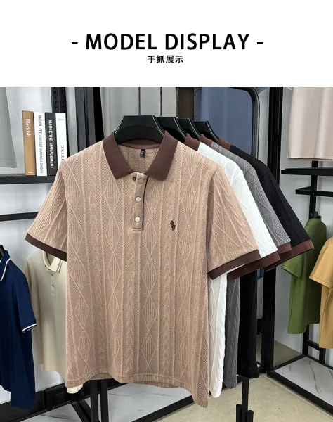 Design Knit Diamond Pattern Polo Shirt Gray with Brown Collar Tops Polo - 5