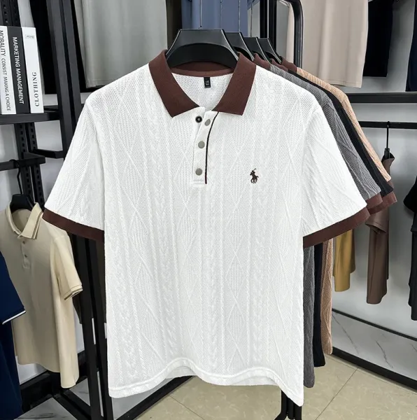 Design Knit Diamond Pattern Polo Shirt Gray with Brown Collar Tops Polo - 12