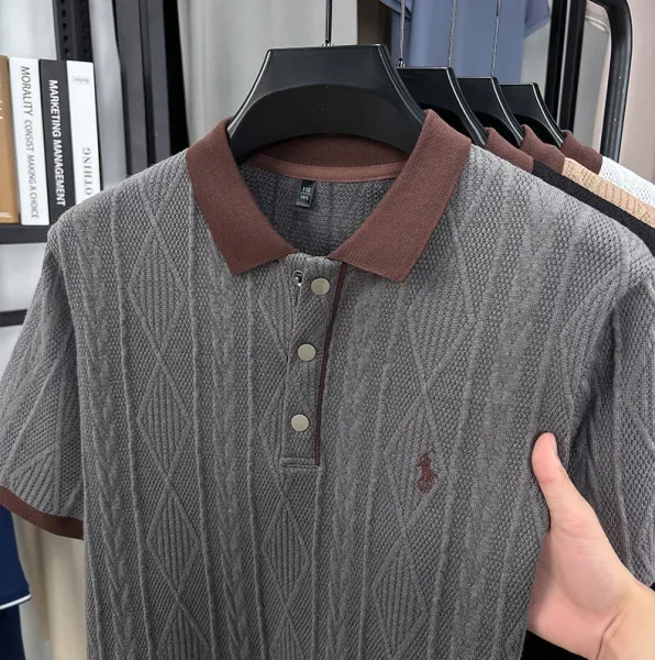 Design Knit Diamond Pattern Polo Shirt Gray with Brown Collar Tops Polo - 17