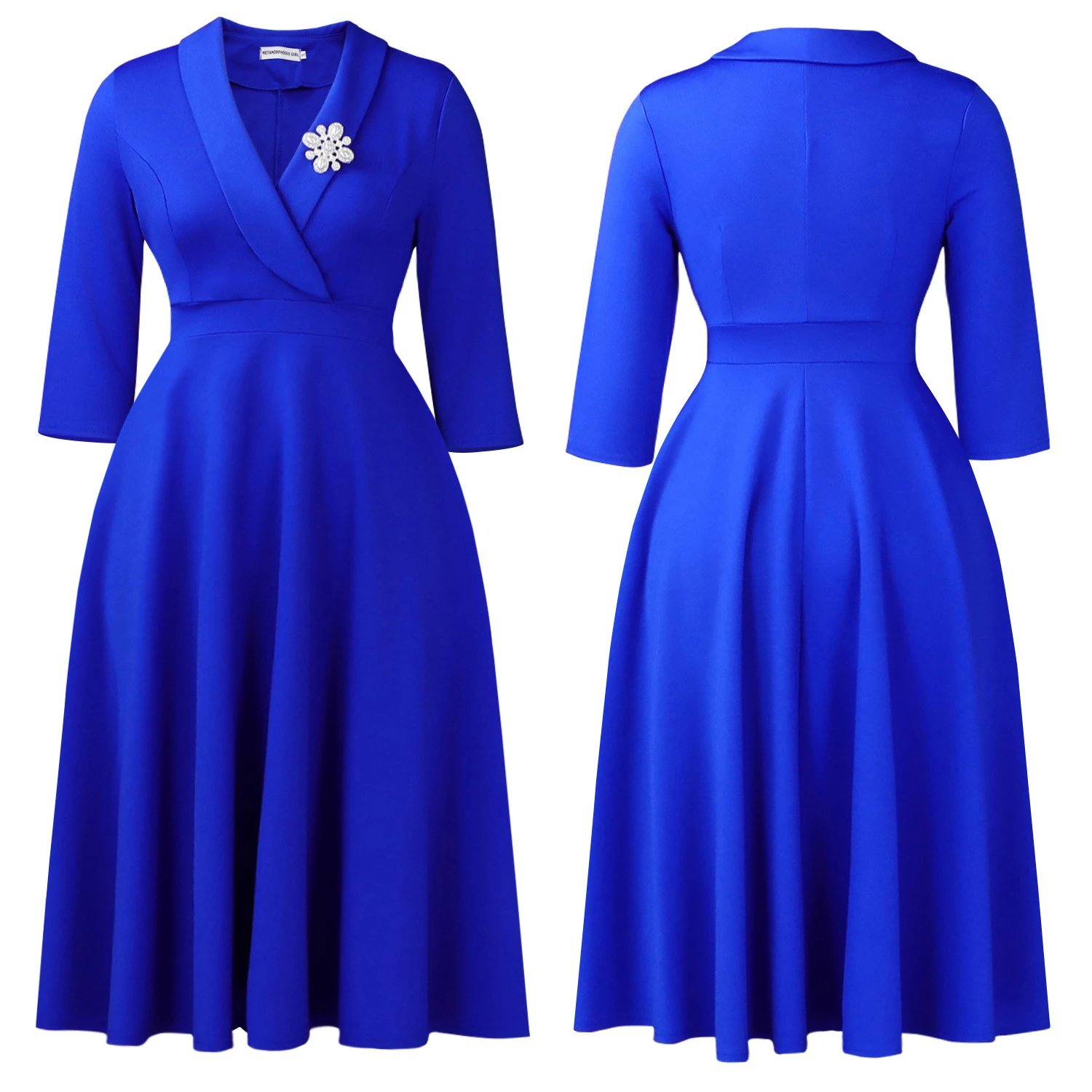 Design Wrap Front Midi Dress with Pearl Brooch in Navy - 68