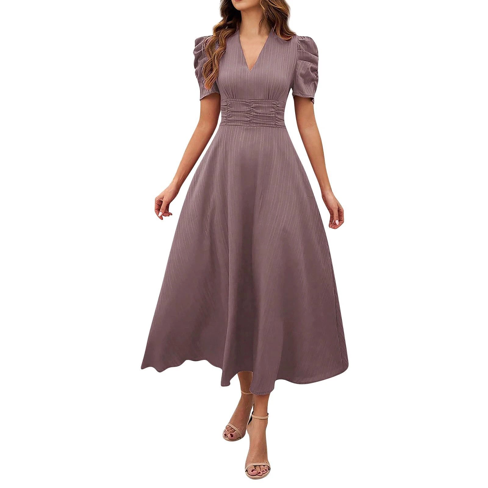 Design A-Line V-Neck Puff Sleeve Midi Dress in Light Blue - 5