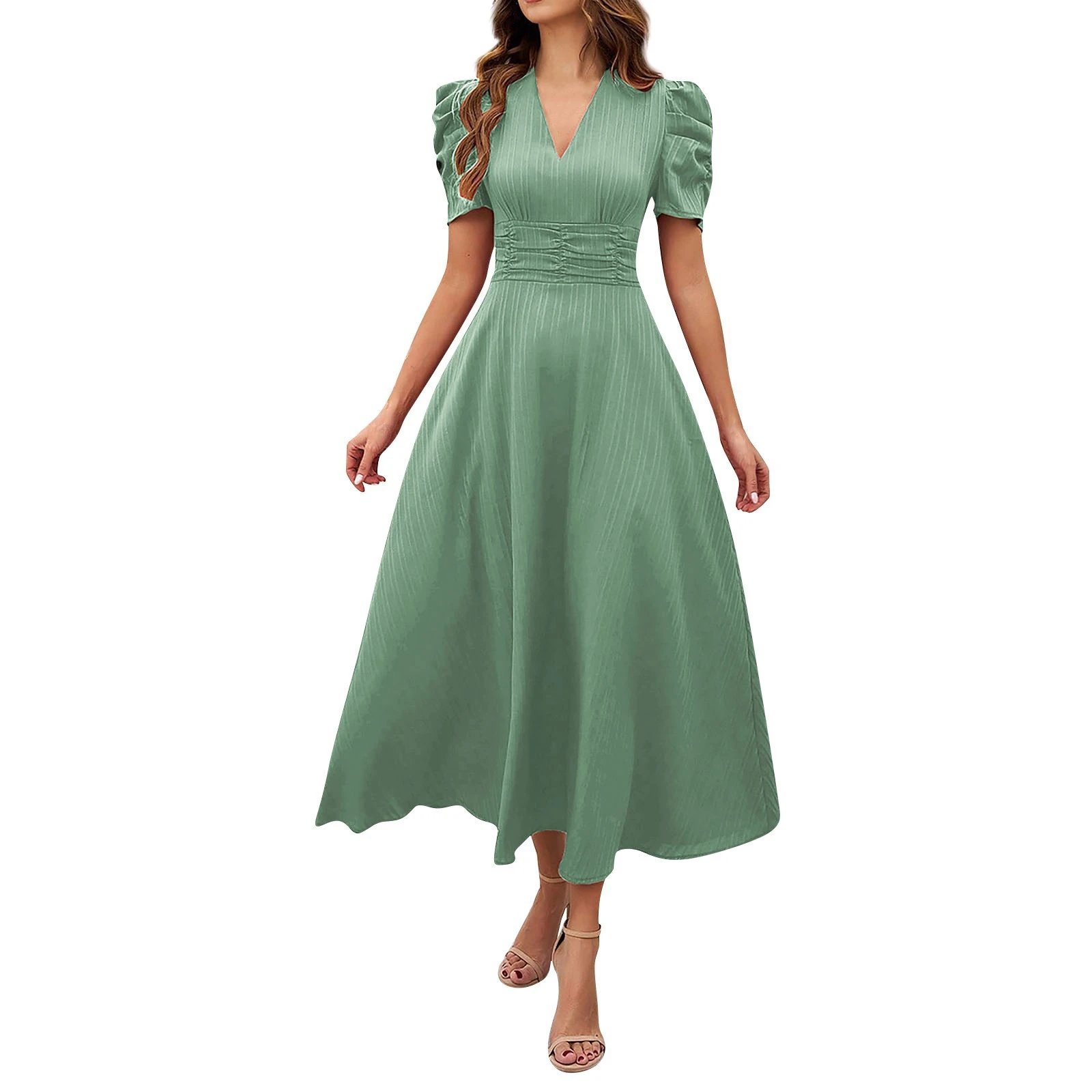 Design A-Line V-Neck Puff Sleeve Midi Dress in Light Blue - 12