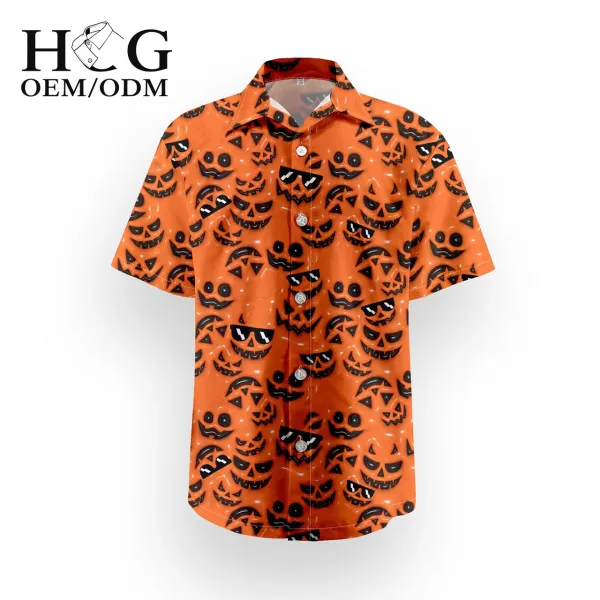 Design H&G Halloween Pumpkin Print Orange Short-Sleeve Button-Up Shirt - 1