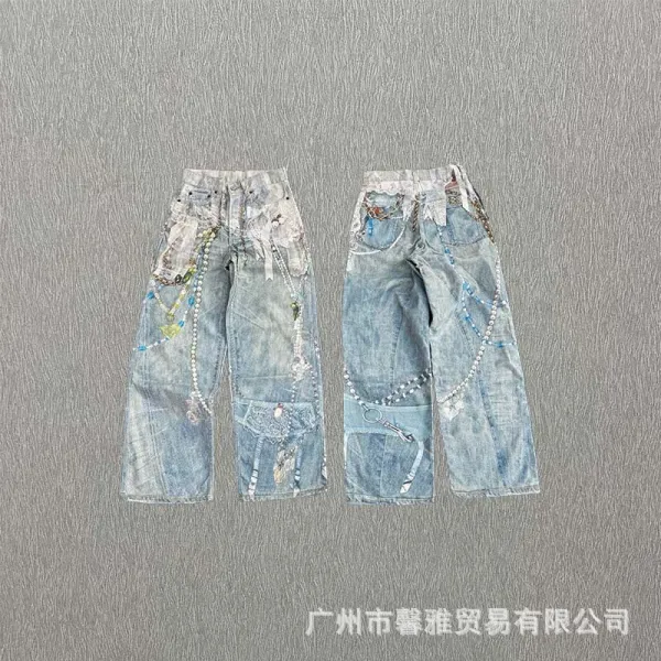 Design Distressed Embellished Wide-Leg Jeans Blue - 1