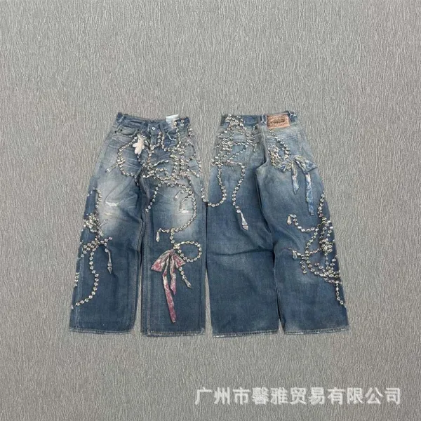 Design Embellished Chain-Decorated Distressed Wide-Leg Jeans - 1