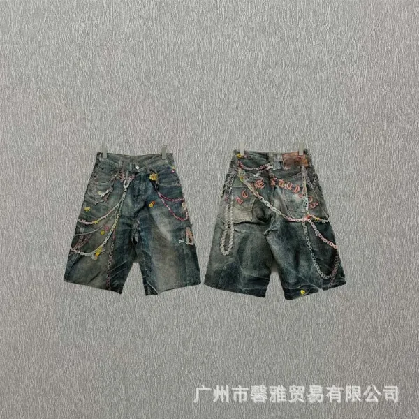 Design Distressed Chain-Embellished Denim Shorts Multicolor - 1