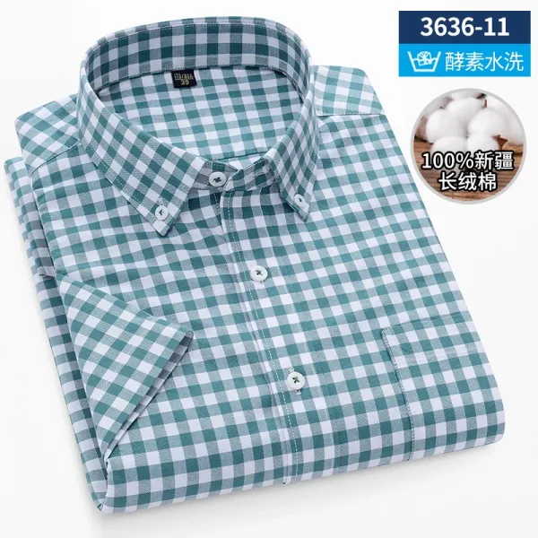Design Short-Sleeve Gingham Shirt Teal and White Tops Shirt - 1