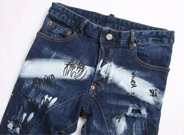 Design Distressed Graffiti Print Denim Jeans - 7