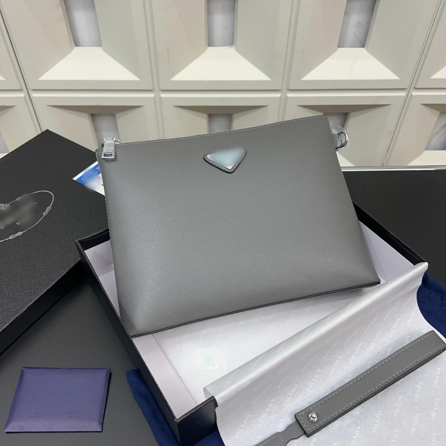 Prada Saffiano Leather Triangle Logo Clutch Black Clutches - 2