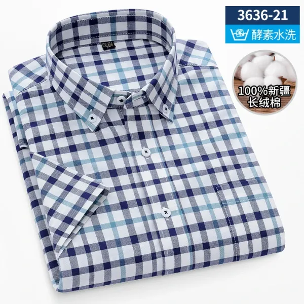 Design Short-Sleeve Checkered Shirt Blue-White Grid Pattern Tops Shirt - 1