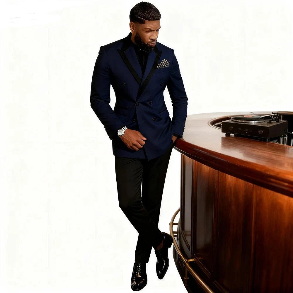 Navy Double-Breasted Tuxedo Blazer with Black Lapels and Pocket