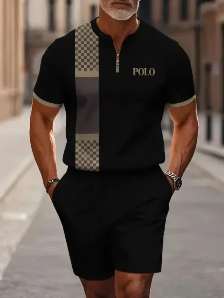 Polo Ralph Lauren Checkered Panel Zip-Neck Polo Black Polo Shirt - 1