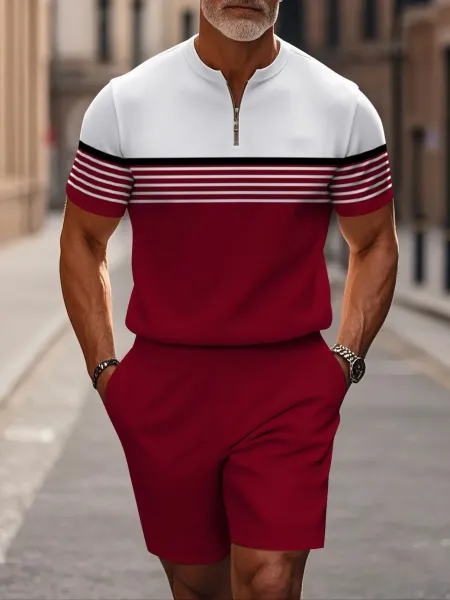Design Color-Block Zip-Neck Set Burgundy and White Casual Set - 1