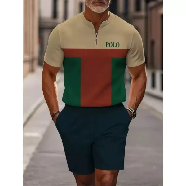 Polo Ralph Lauren Color-Block Half-Zip Polo Beige Green Red Shorts Set Polo Shirt - 1