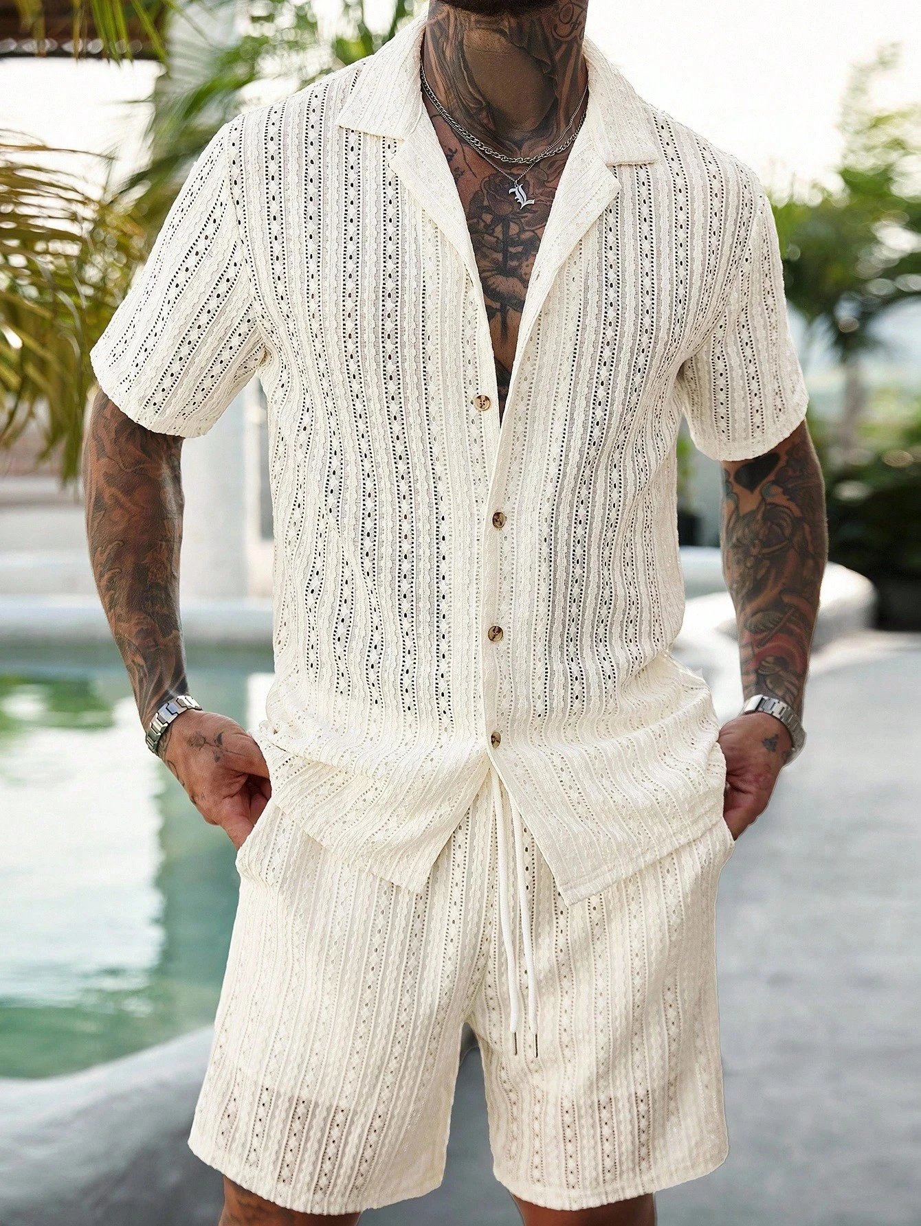Design Knit Open-Front Short-Sleeve Shirt and Shorts Set Beige - 7