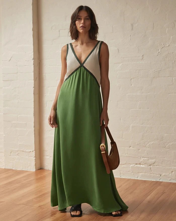 Design Color-Block V-Neck Maxi Dress Green - 15