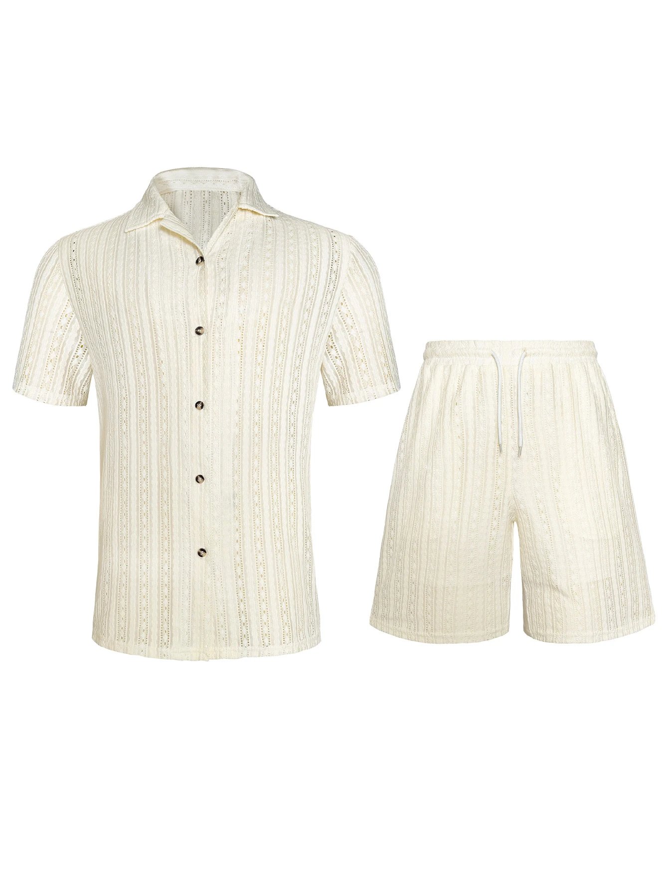Design Knit Open-Front Short-Sleeve Shirt and Shorts Set Beige - 13