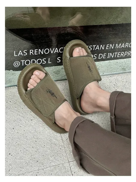 Design Slide Sandal Olive Suede Black Sole Slippers - 4