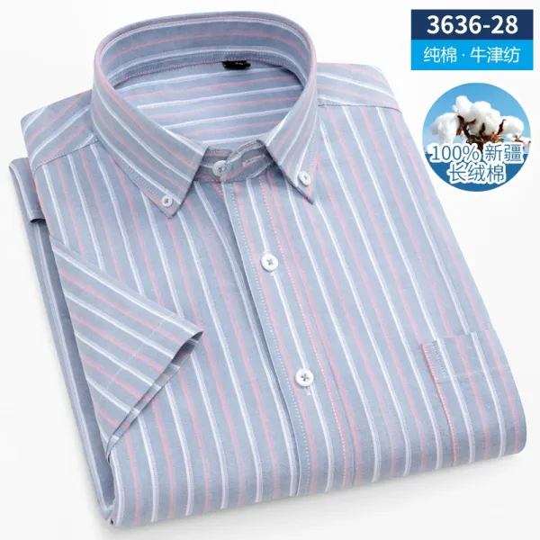 Design Short-Sleeve Striped Button-Down Shirt Light Blue with Pink and White Stripes - 1