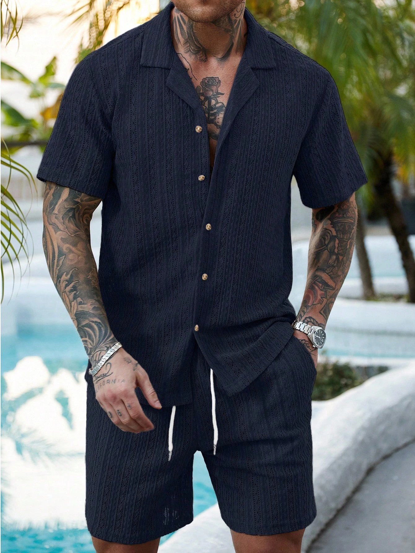 Design Knit Open-Front Short-Sleeve Shirt and Shorts Set Beige - 25