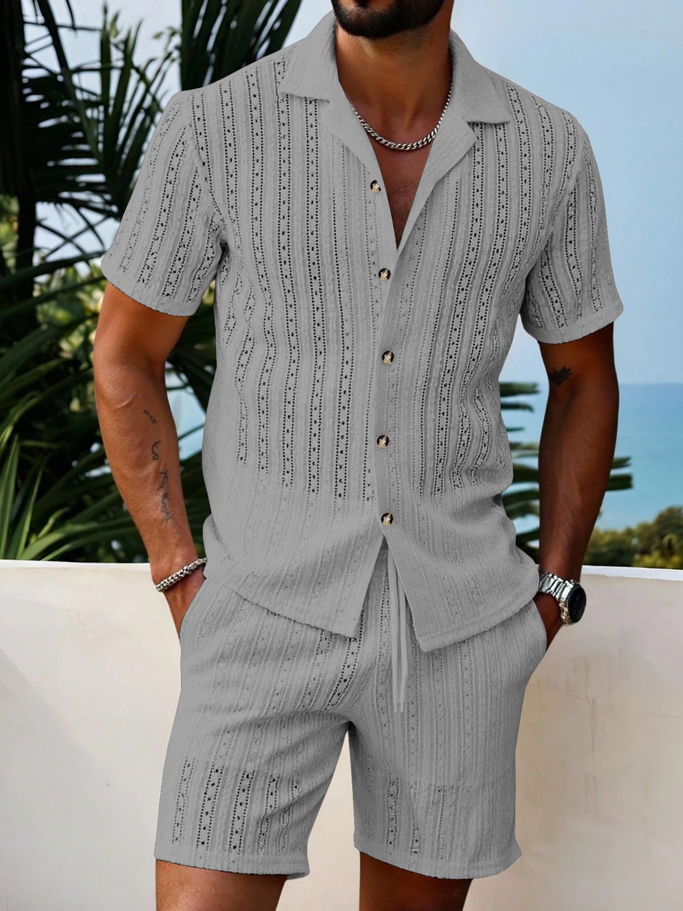Design Knit Open-Front Short-Sleeve Shirt and Shorts Set Beige - 38