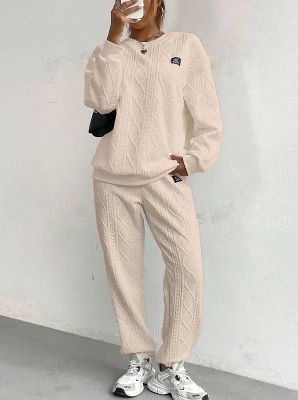 Design Cable Knit Sweater Set Beige Casual Set - 4
