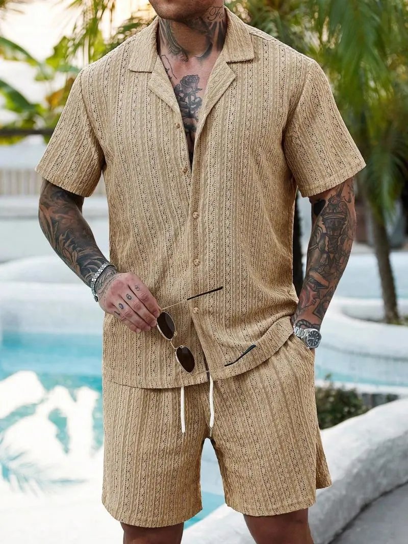 Design Knit Open-Front Short-Sleeve Shirt and Shorts Set Beige - 43
