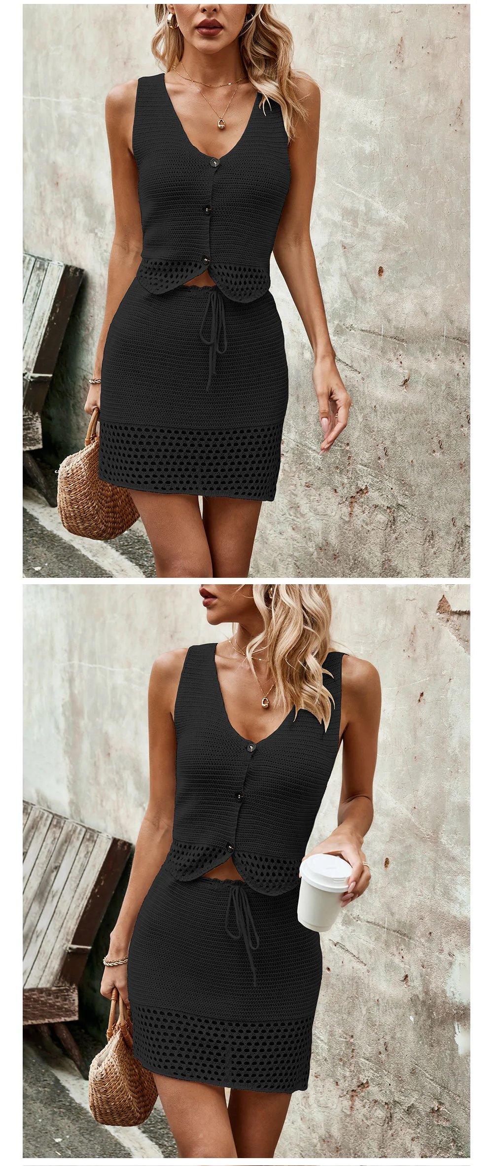 Design Crochet Knit Two-Piece Set Black - 10