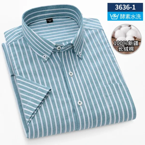 Design Short-Sleeve Striped Button-Down Shirt in Light Blue and White - 1