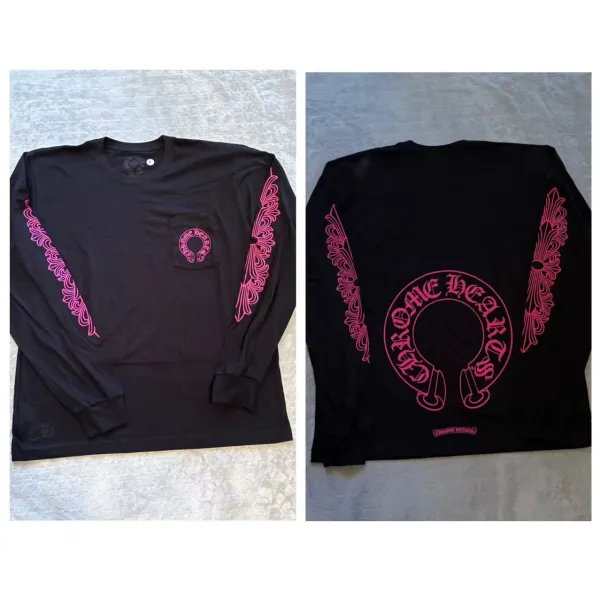Chrome Hearts Long Sleeve T-Shirt Black with Pink Ornate Print - 1