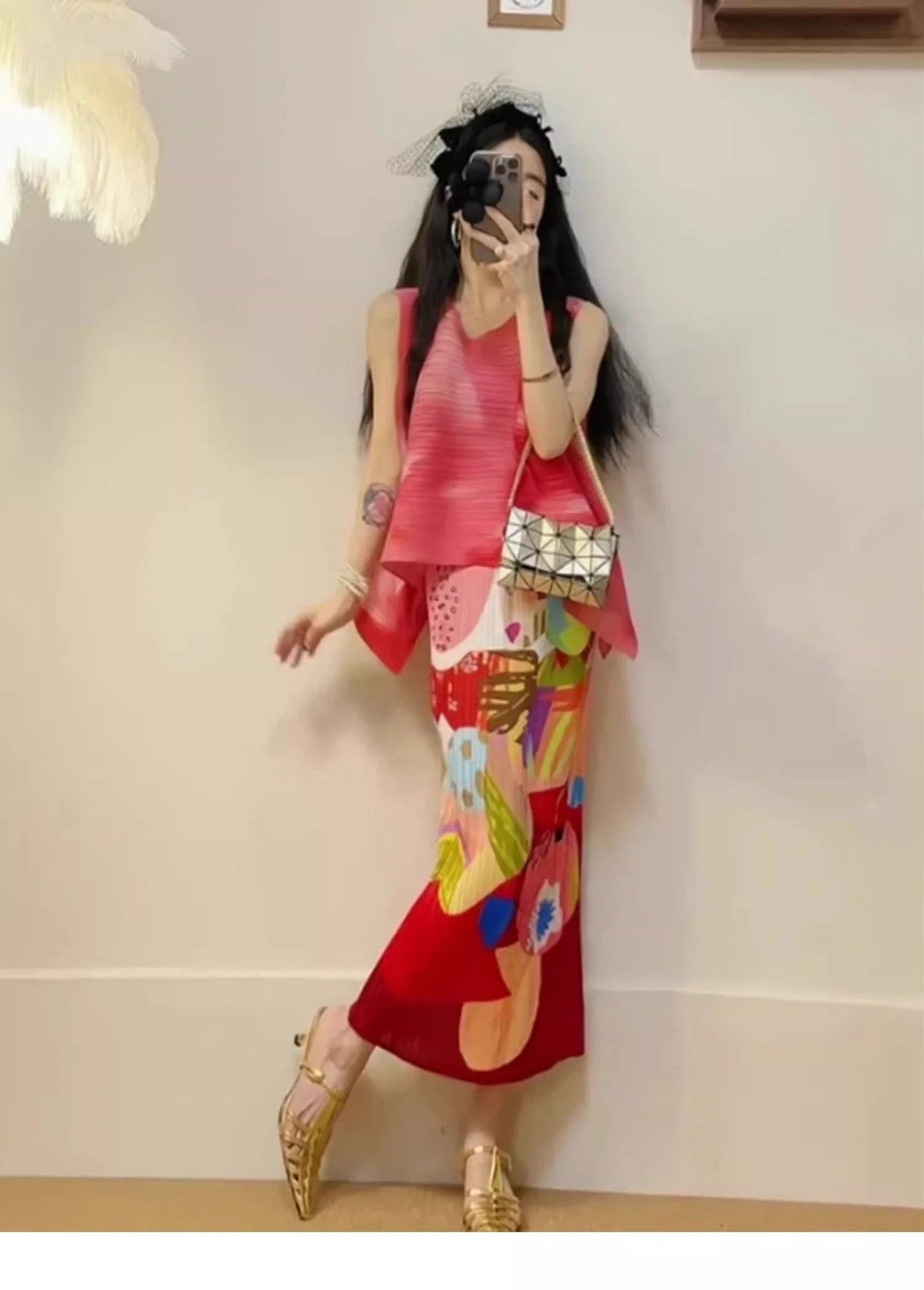 Issey Miyake Pleated Colorful Abstract Print Skirt Set Orange Multicolor Dress - 4