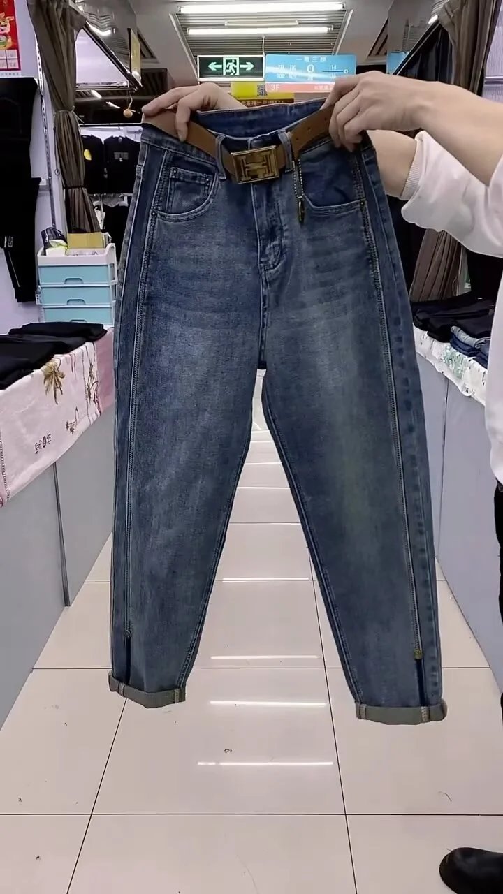 Design Wide-Leg Cuffed Jeans with Side Zippers Blue Jeans - 7