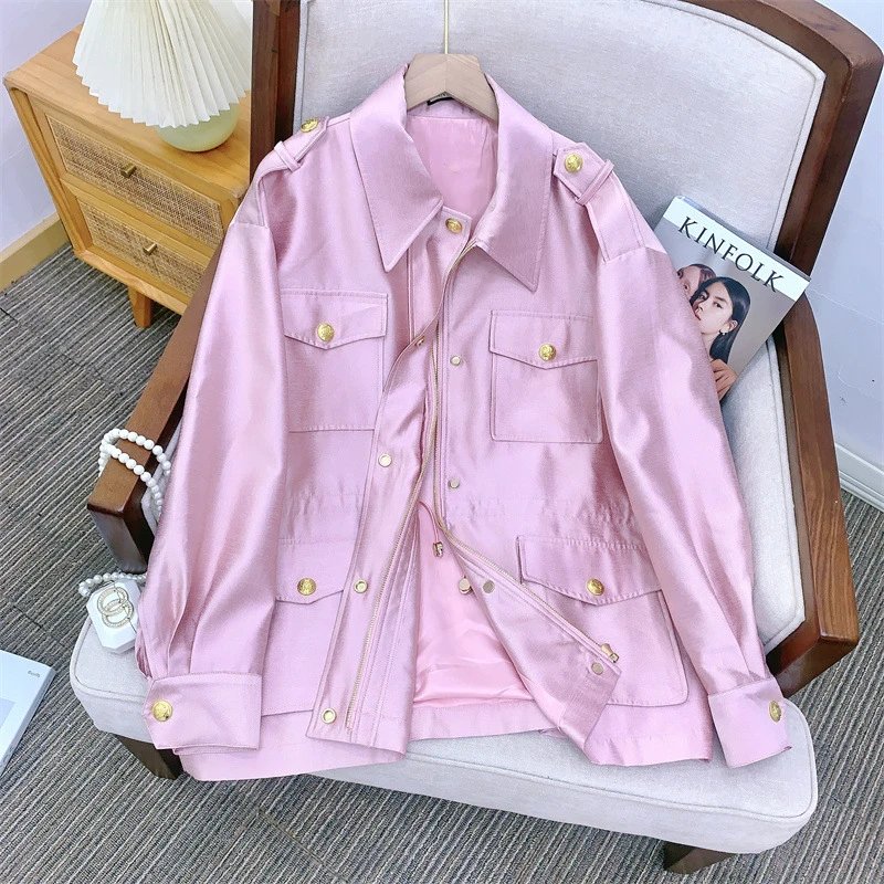 Design Pink Satin Utility Jacket with Drawstring Waist Outerwear.jacket - 12