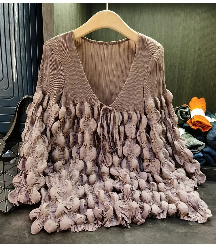 Design Pleated Ruched V-Neck Top Beige - 13
