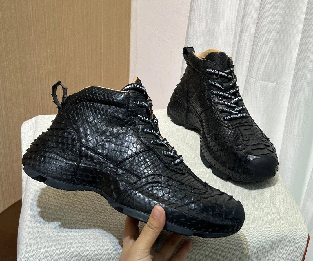 Design Python Skin High-Top Sneakers with Quoted Lace Detail Black - 12