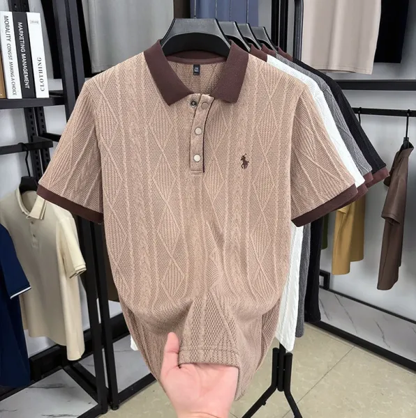 Design Knit Diamond Pattern Polo Shirt Gray with Brown Collar Tops Polo - 6