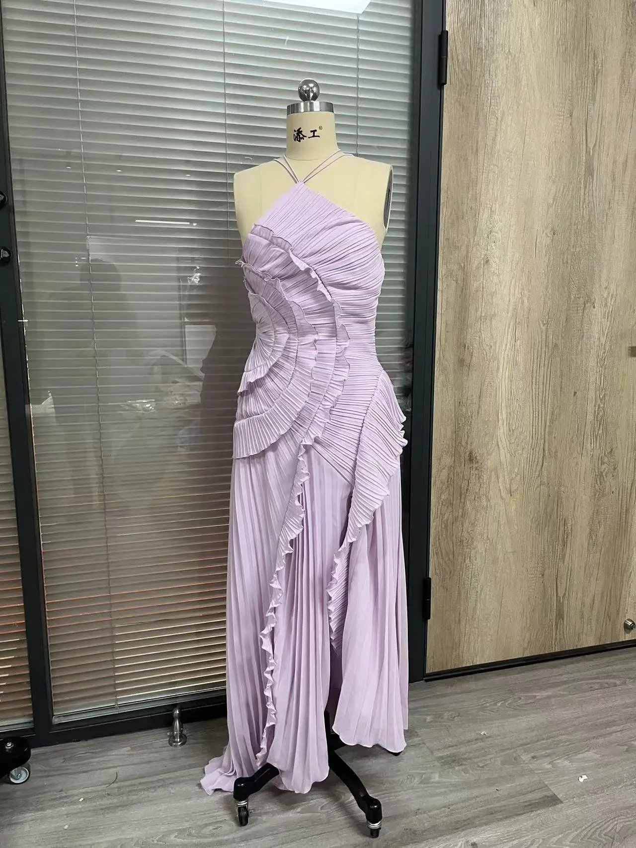 Design Pleated Asymmetrical Halter Dress Pink - 4