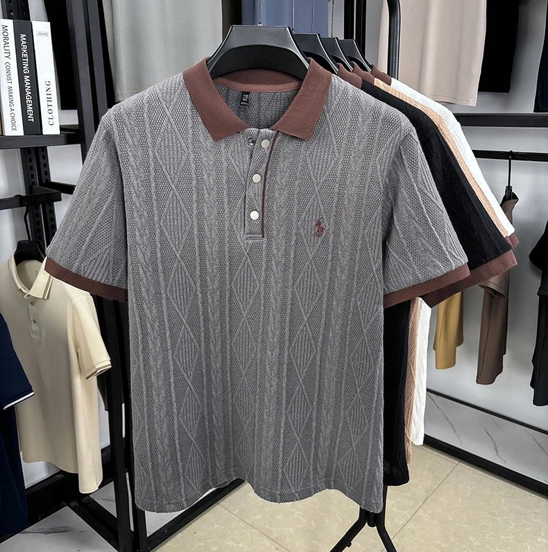 Design Knit Diamond Pattern Polo Shirt Gray with Brown Collar Tops Polo - 16