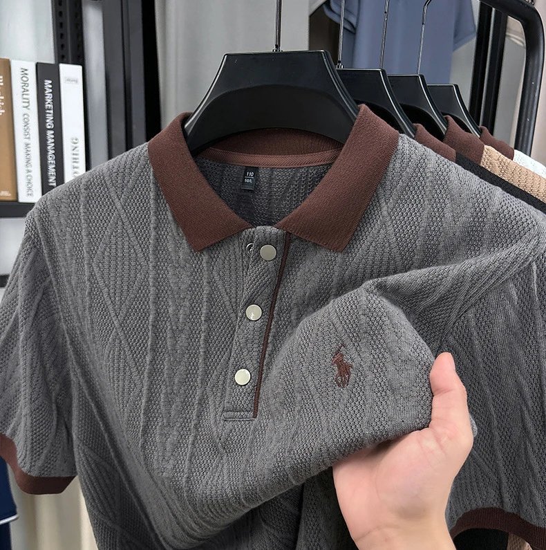 Design Knit Diamond Pattern Polo Shirt Gray with Brown Collar Tops Polo - 19
